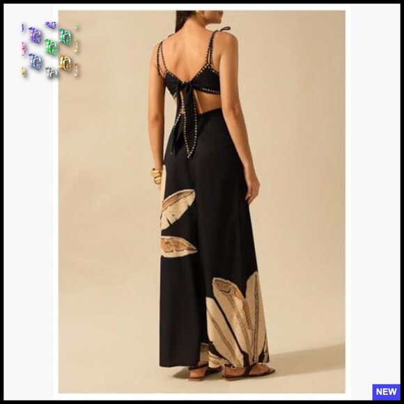 Boho Print Maxi Dress Spaghetti Strap Tie Back Cut Out Summer Casual Chic - Picture 2 of 5